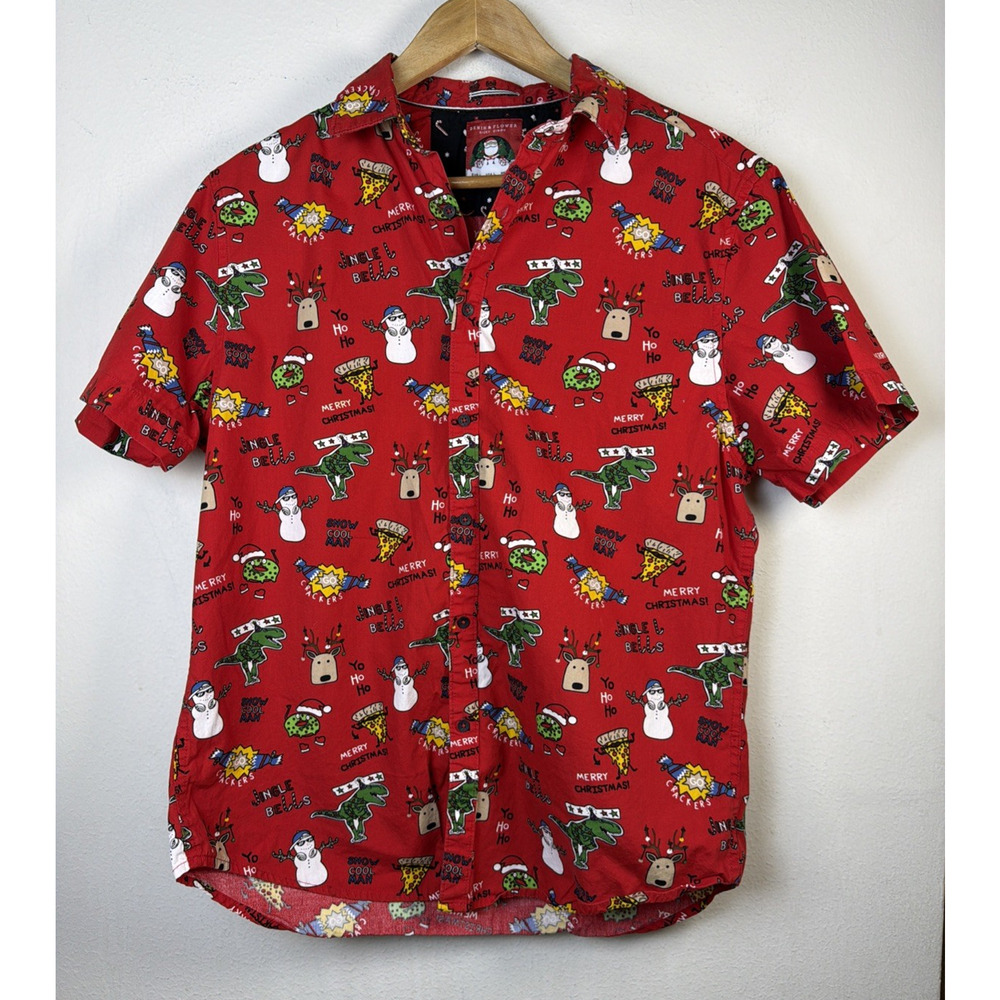 Denim & Flower boys Christmas Shirt large Red Holiday Print Button Up santa